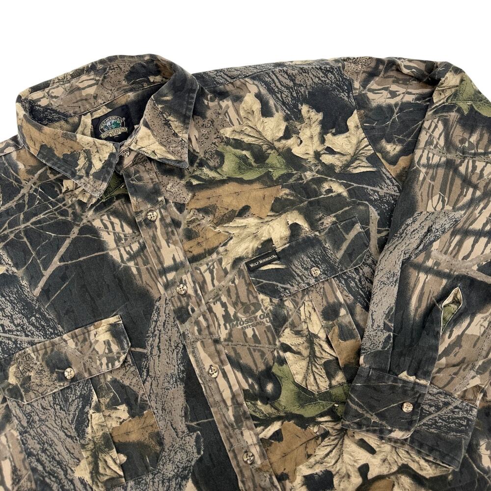 Vintage Wolf Mountain Mossy Oak Break-Up Camo Shirt Men's Hunting Button-Up 2XLR